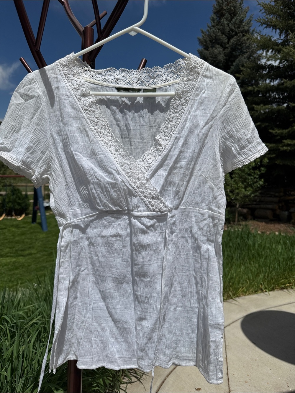 Eddie Bauer Cross Front V-Neck Lace Belted Top